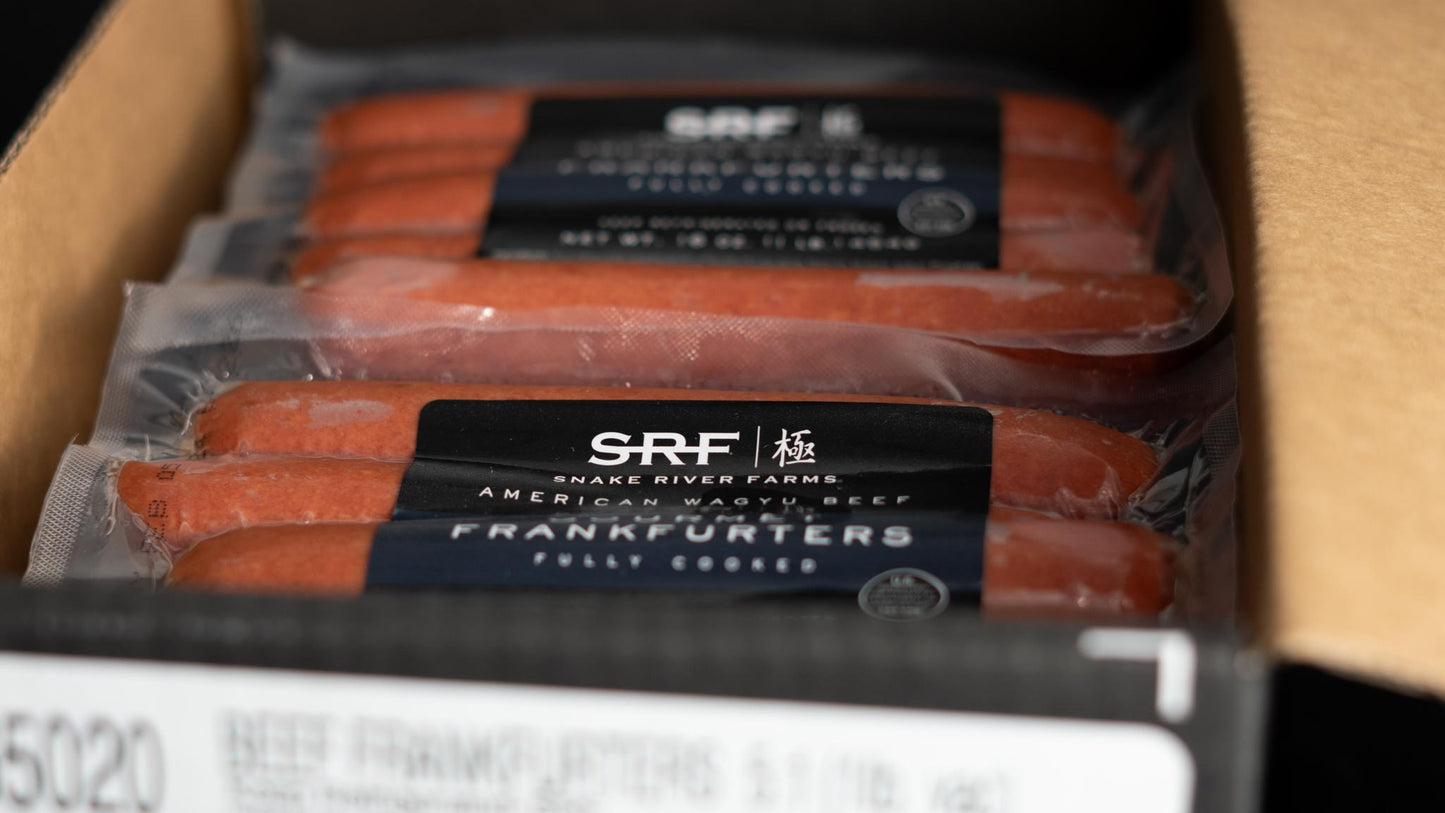 Snake River Farms American Wagyu Gourmet Frankfurters fully cooked in box